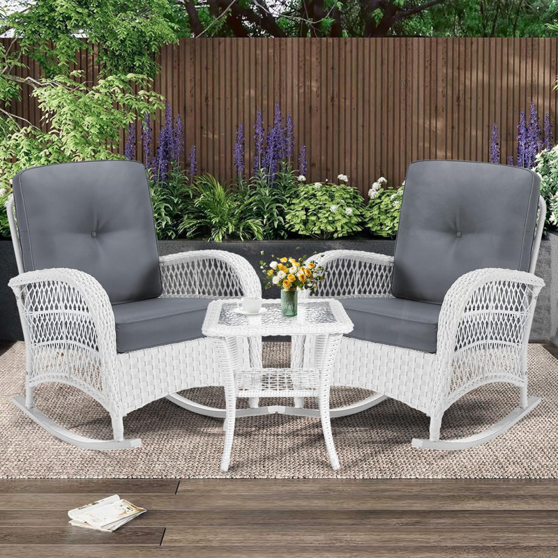 White Wicker 3-Piece Patio Rocking Bistro Set with Gray Cushions