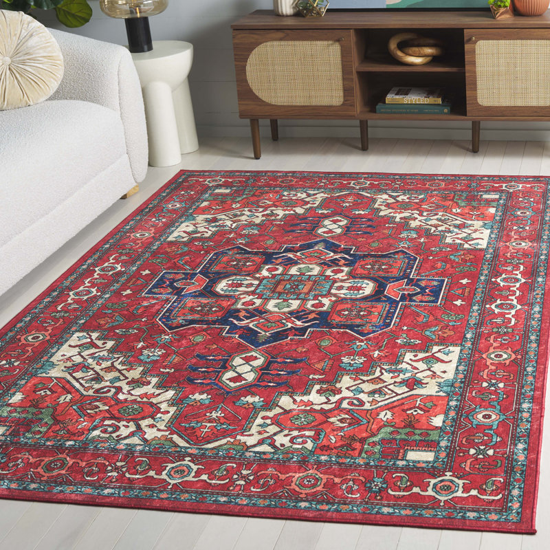 Wilhemina Orlando Felt/Velvet/Laminated Film Machine Washable Southwestern Rug in Red/Beige, Rectangle 5'3" x 7'6"