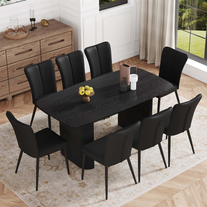 Spacieux ensemble de table de salle à manger en bois aggloméré noir et 8 chaises en polyuréthane, idéal pour les repas modernes et luxueux