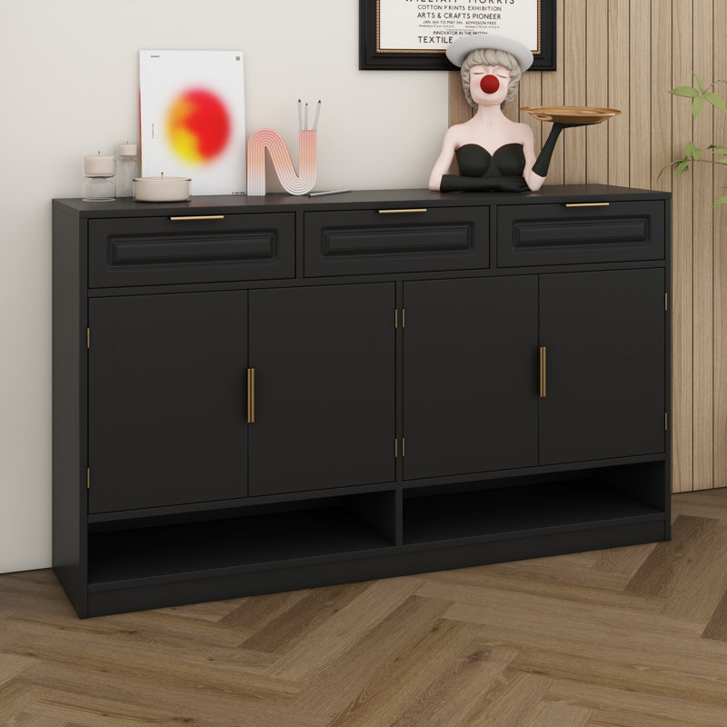 Buffet 59,1 po avec 3 tiroirs et 4 portes, armoire de rangement blanche avec tablette réglable et compartiments ouverts, Noir