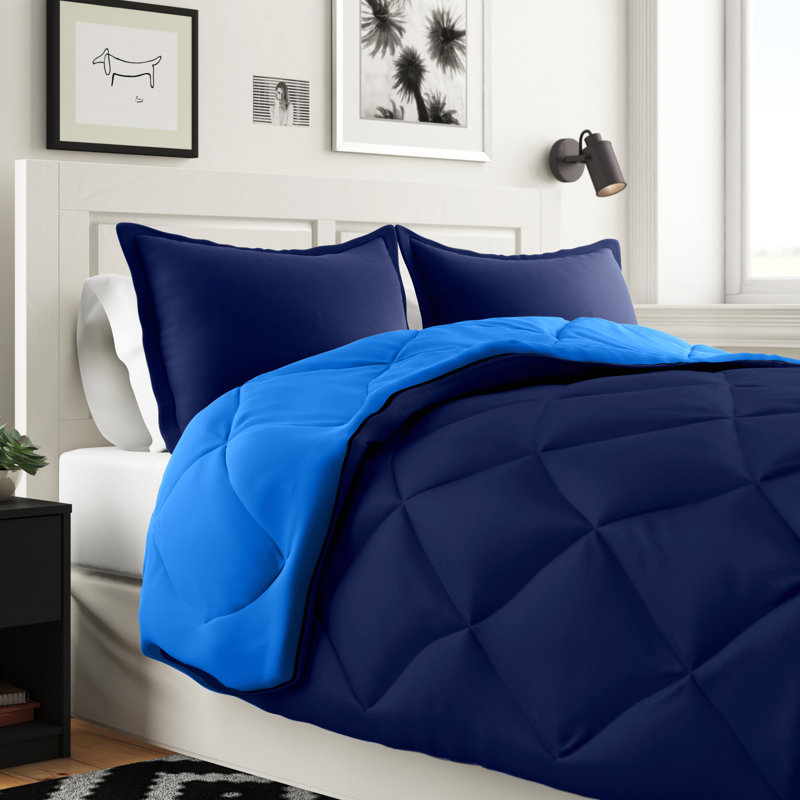 Ensemble d'édredon réversible en microfibre , Édredon simple / simple TG et 1 taie décorative, Bleu marine / patriote