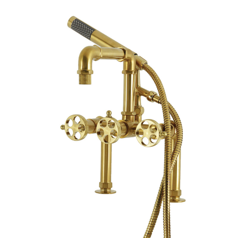 Kingston Brass Webb Three-Handle 2-Hole Deck-Mount Clawfoot Tub Faucet With Knurled Handle And Hand Shower, Brushed Brass