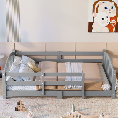 Full Montessori Floor Bed with Slats and Safety Guardrails, Solid Wood Floor Bed with Fence and Without Door, Easy Assemble Montessori Bed for Girls and Boys, Gray