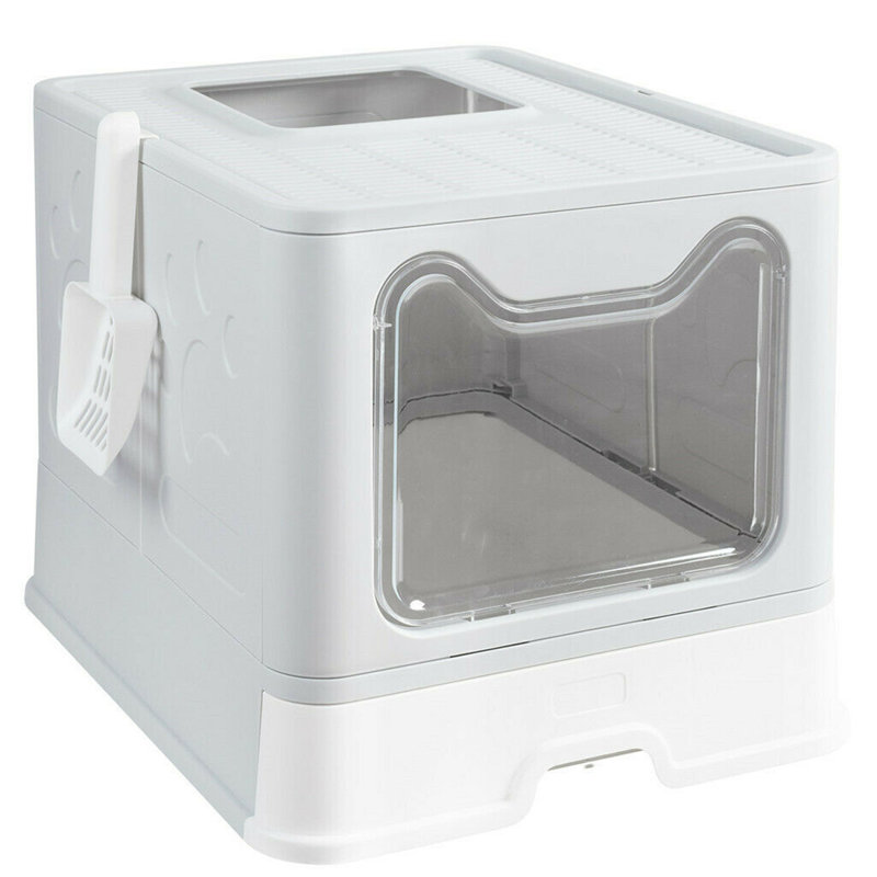 Foldable Plastic Cat Litter Box Top Entry Type Anti-Splashing With Lid/ Scoop, Grey