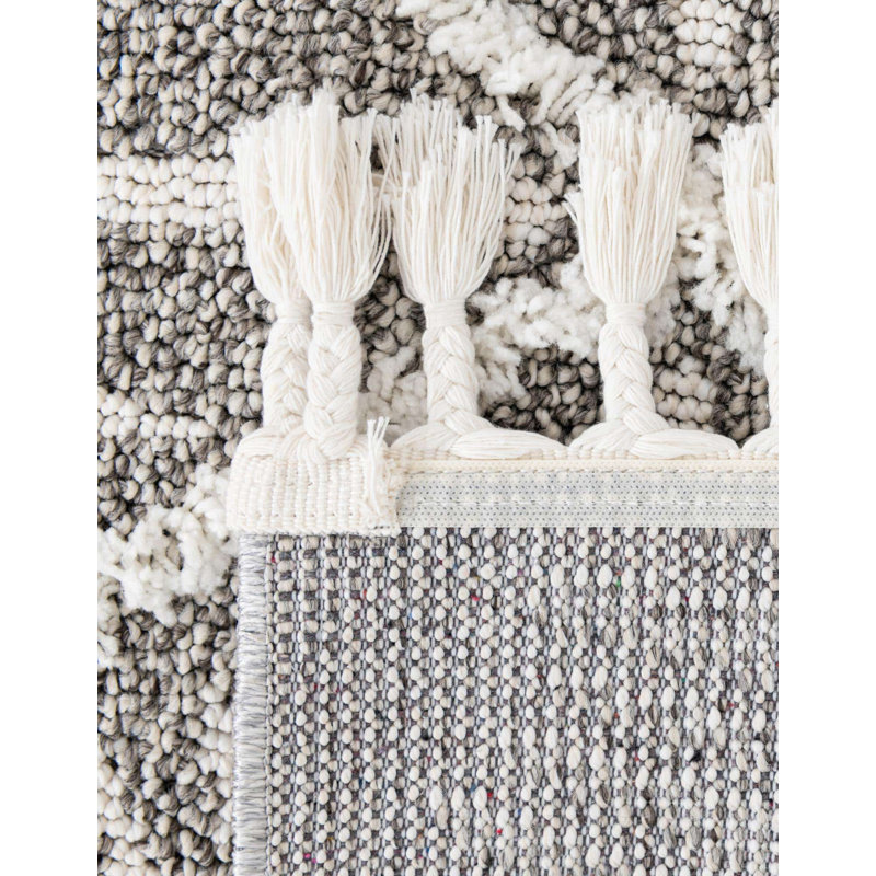 Tapis gris / ivoire en polyester tissé à la machine Jojean, Carré 7 pi 10 po