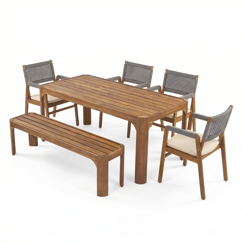 Brendalyn Patio 6-Piece Acacia Wood Dining Set With Woven Rope & Cushions, Gray/Teak
