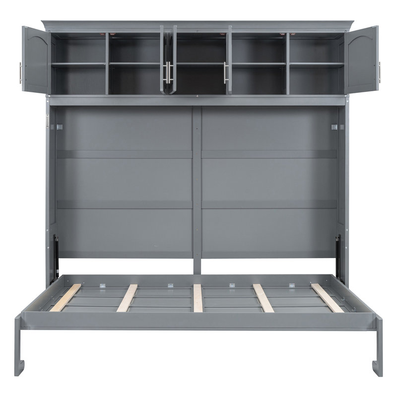 Lit double gris, idéal pour les espaces multiples, espace et lit confortable avec armoires supérieures, bureau personnel, support de matelas