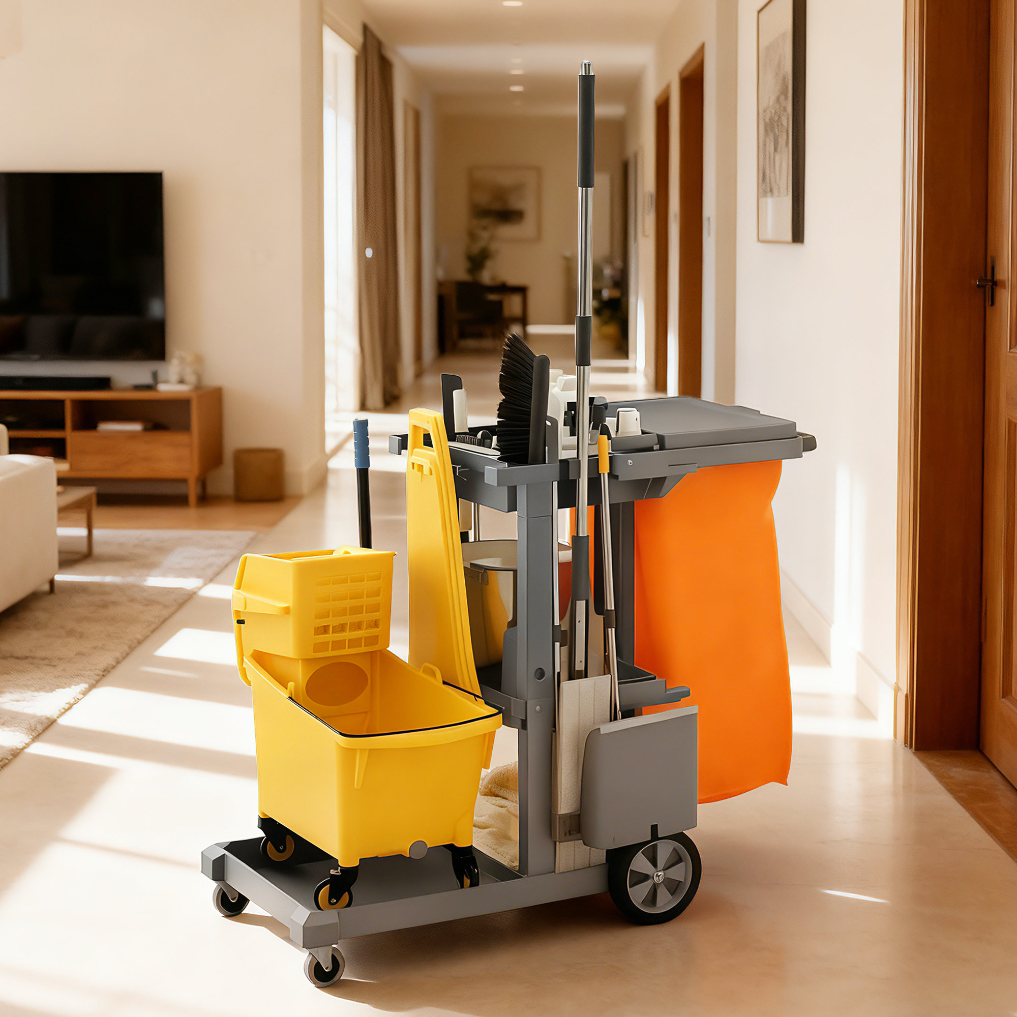 HomCom Commercial Janitorial Cart, Professional Cleaning Trolley, Black ...