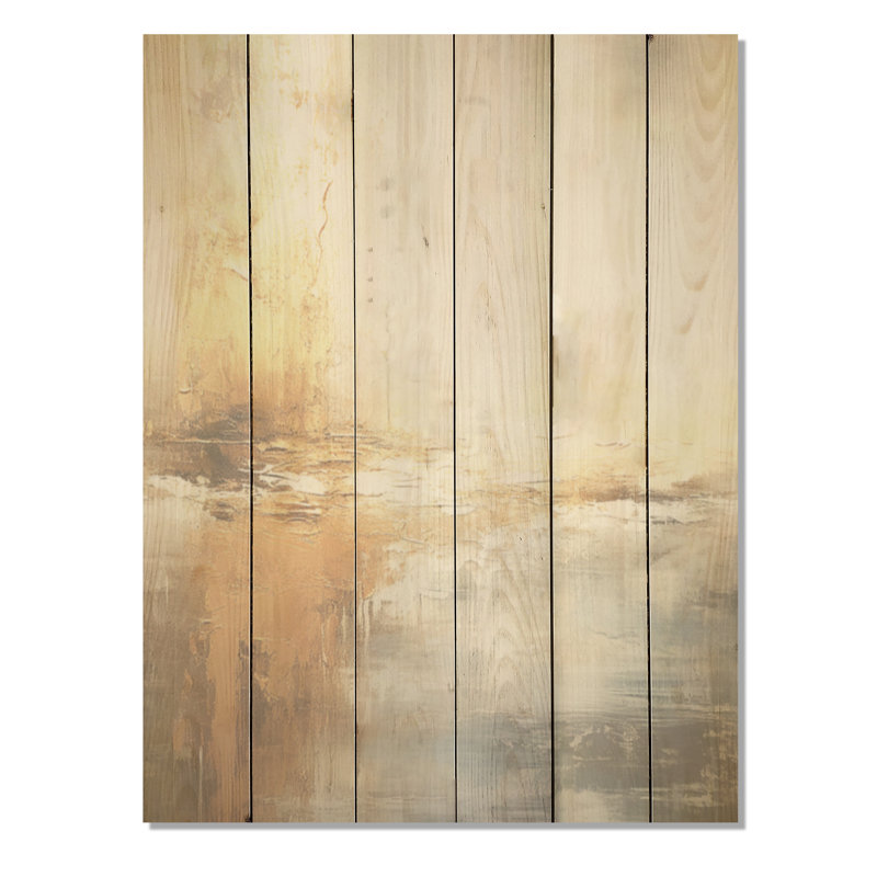 «Modern Coastal Beige and Gold River I», art mural en bois océan côtier sur bois de pin naturel, H 40 po x l 30 po