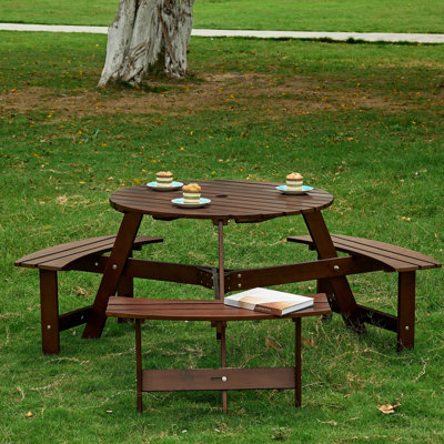 Table de pique-nique 6 personnes - 3 bancs de parasol avec surface imperméable pour l'extérieur, brun, avec bancs intégrés, patio, porche