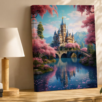 Toile, "Un majestueux château se lève d'un lac tranquille entouré de fleurs de cerisier rose en pleine floraison"