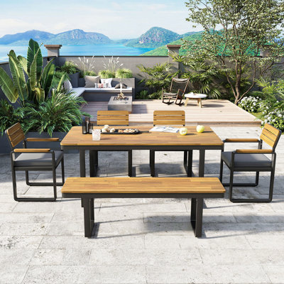 6-Piece Outdoor Dining Set, Acacia Wood, 1 Table With 4 Chairs & 1 Bench For 6-7 Person, Comfortable Cushions On Chairs, Adjustable Feet, For Patio, Garden, Backyard Dining