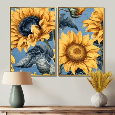 Tournesol doré collage - grand art mural floral 2 panneaux