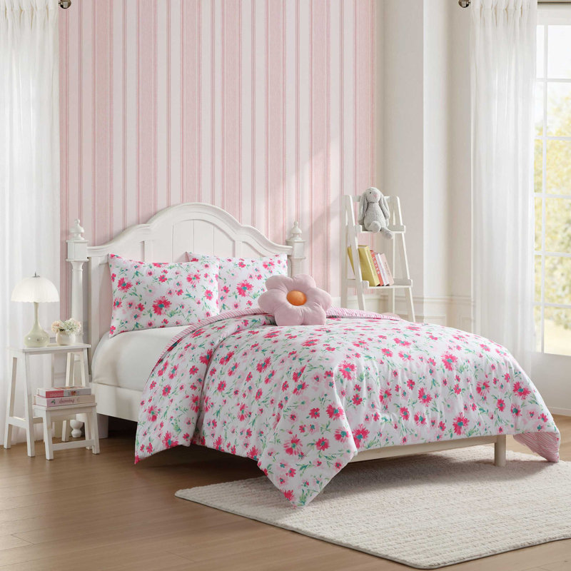 Laura Ashley Kids Meadow Daisies Comforter Bonus Set, Queen Comforter + 2 Standard Shams + Throw Pillow, Pink Floral 2