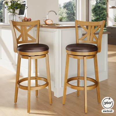 30" Swivel Upholstered Wood Counter Stool with K-shaped Back & Faux Leather Seat (Set of 2)