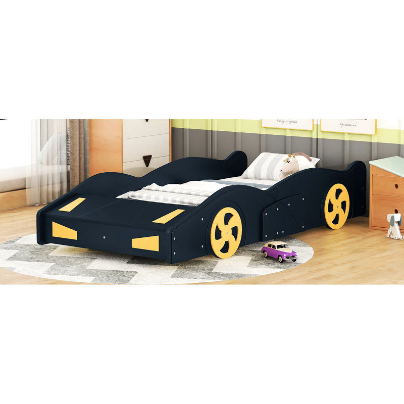 Lit plateforme simple bleu foncé et jaune avec thème de voiture de course et option de rangement, construction robuste pour un sommeil paisible dans la chambre à coucher