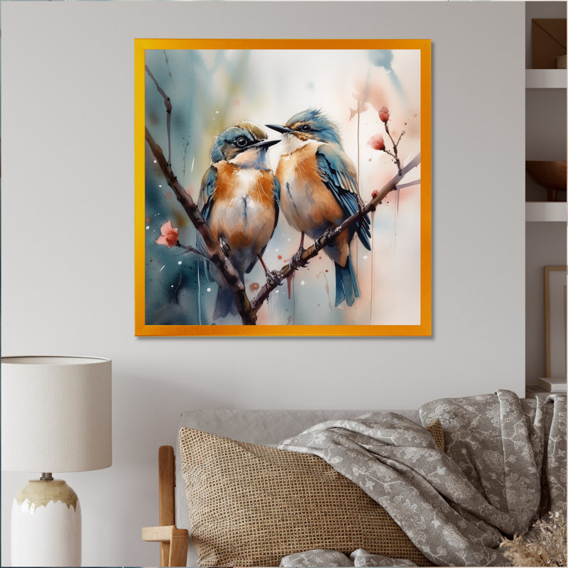 Oiseaux bleus assis sur une branche d'arbre III - Art mural floral, H 24 po x l 24 po, Cadre doré