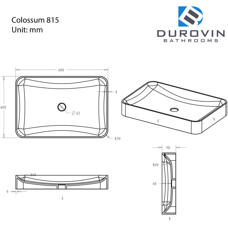Durovin Bathrooms 400mm L x 600mm W Natural Engineered Stone Rectangular Sink