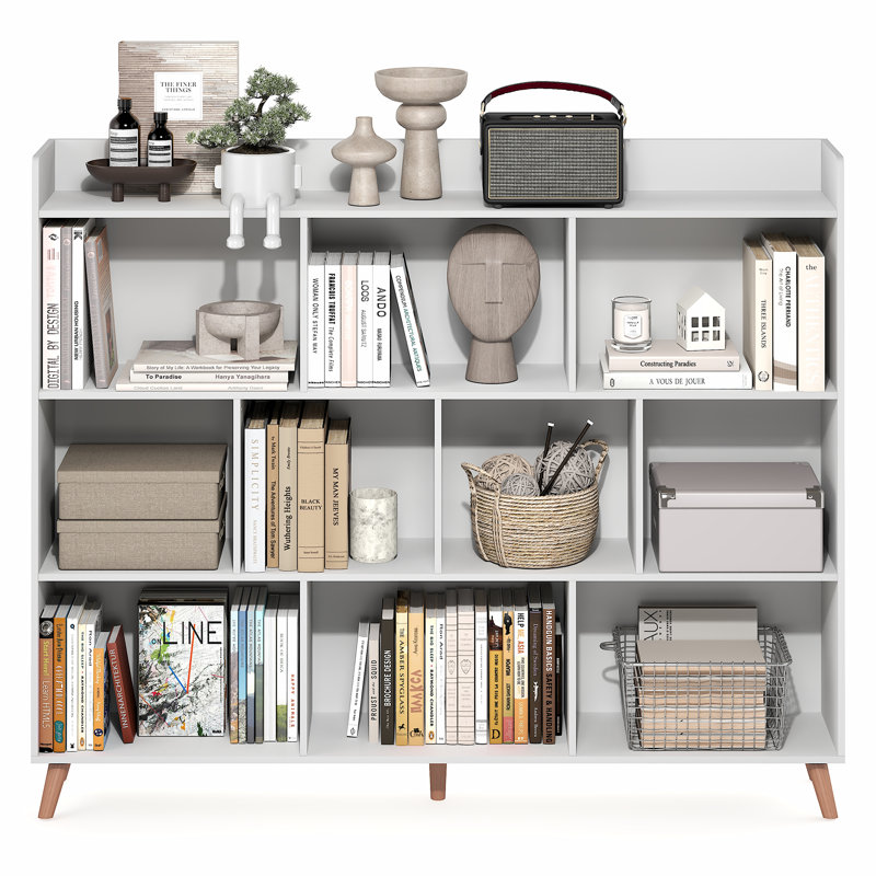  Claude Mid Century Style 10-cube Bookcase, Bookshelf, Storage Organizer With Wood Legs, White
