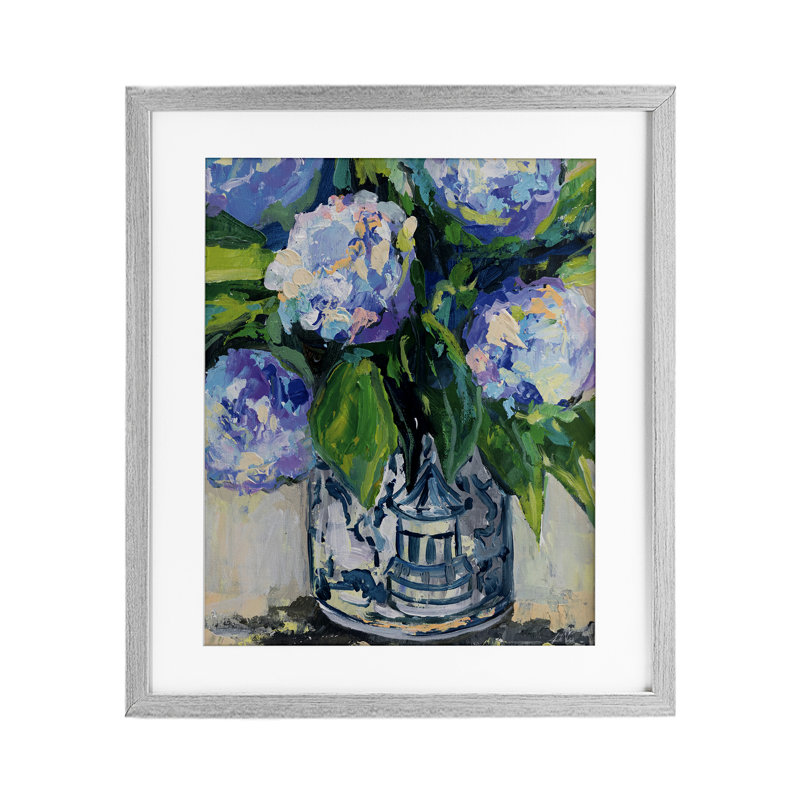 «China Hydrangeas», reproduction sous verre encadrée, design par Jeanette Vertentes, Cadre de ferme gris, H 21 po x l 17 po