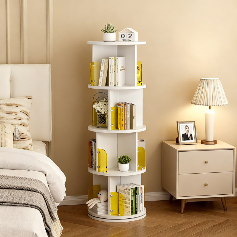 Bibliothèque pivotante à 360 degrés, bibliothèque d'angle à 4 niveaux avec déflecteurs en acrylique pour un rangement et une présentation peu encombrants dans le salon, la chambre à coucher ou le bureau