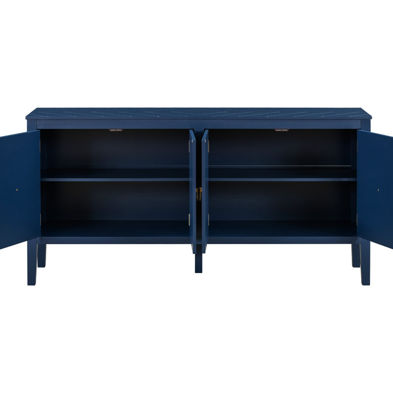 Buffet géométrique bleu marine à quatre portes avec poignées rétro classiques et motifs accrocheurs, Marine