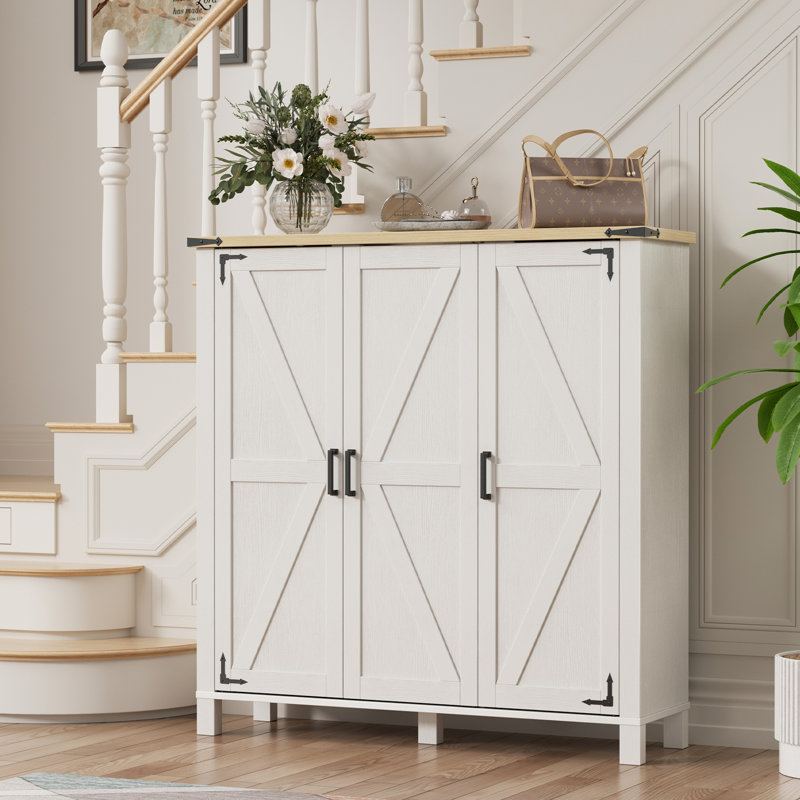 46'' Farmhouse Shoe Storage Cabinet with 3 Doors, Large Capacity Entryway Organizer with Adjustable Shelves for 28+ Pairs