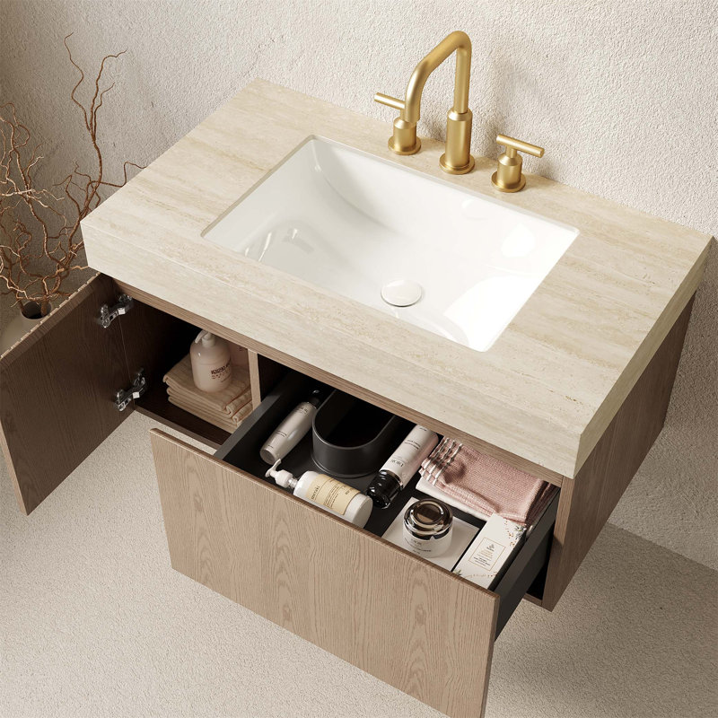 Meuble-lavabo de 36 po avec comptoir en pierre frittée, vasque en céramique et armoire de rangement en contreplaqué, pré-assemblé pour une installation facile