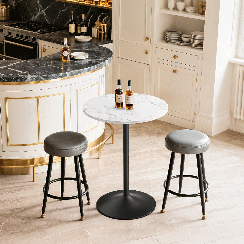 23.5" Bistro Pub Table Adjustable Height Round Cocktail Bar Table with Wood Tabletop and Metal Base, Marble White