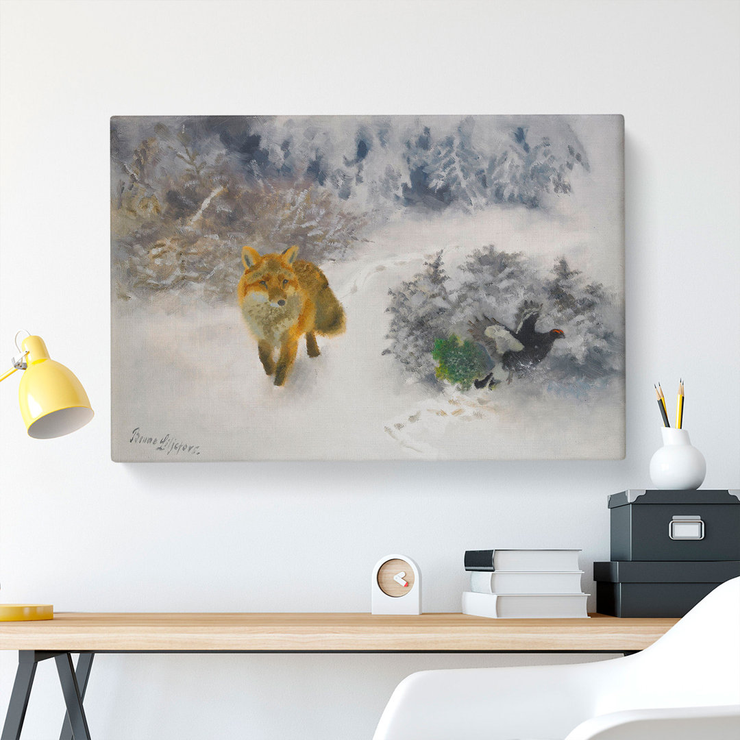 Fox And Black Grouse Cock by Bruno Liljefors - Wrapped Canvas
