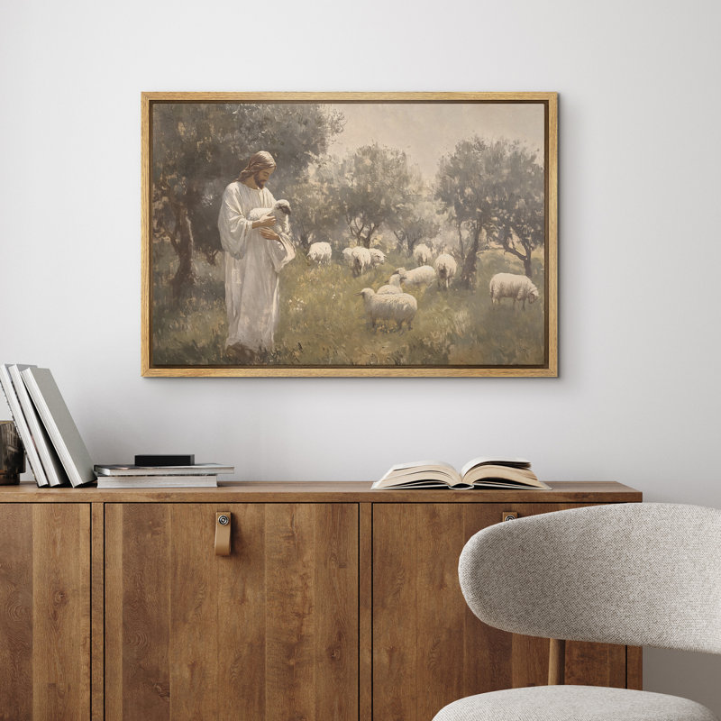 Reproduction d'art sur toile encadrée, "Jesus and the Lamb", H 16 po x l 24 po, Naturel