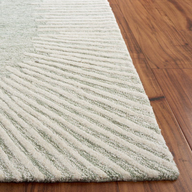 Tapis abstrait performance en laine / coton touffeté Marjetka en sauge / ivoire, Tapis de couloir 2 pi 3 po x 8 pi