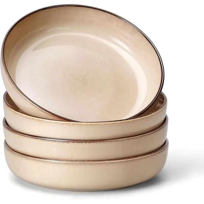Ensemble de 4 bols à pâtes - grande assiette à salade et service en céramique 35 oz, grandes assiettes peu profondes, glacis double réactif, micro-ondes, lave-vaisselle et four (beige sable)