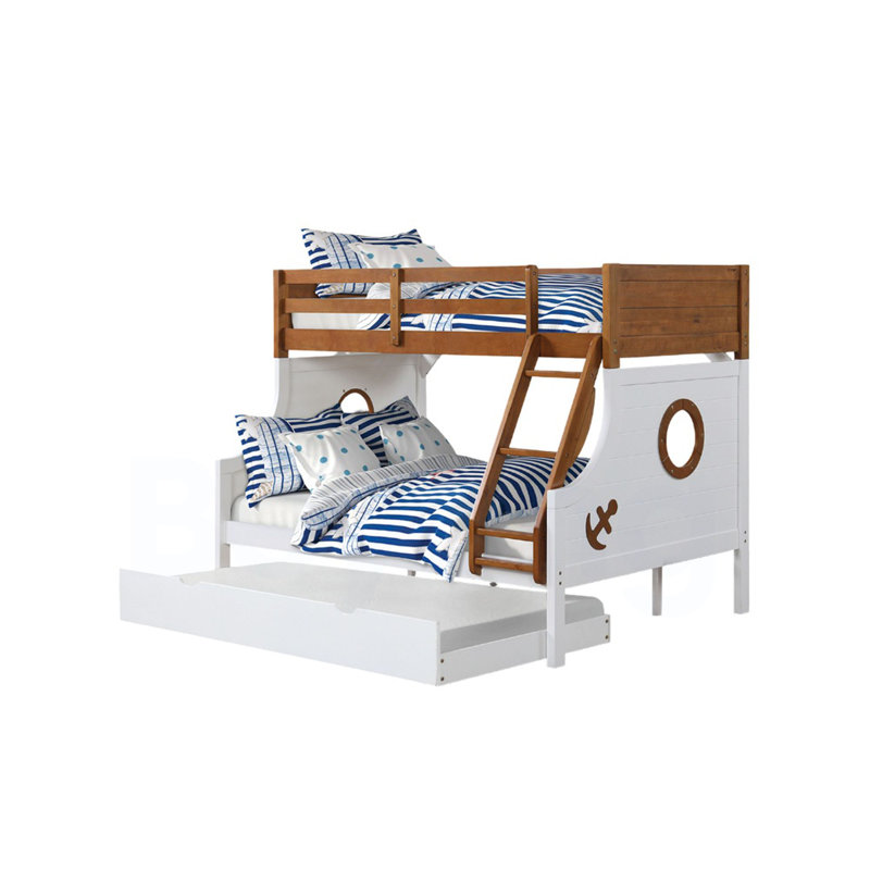 Lit superposé simple au-dessus d'un lit double de style moderne moderne avec rails en échelle attachés et structure de joint verrouillable pour lit supérieur au fini chêne sécuritaire Lit inférieur au fini blanc