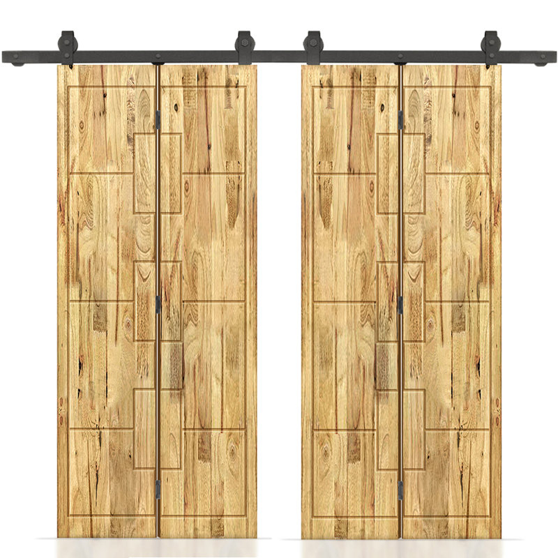 Porte de grange double pliante en bois de pin teinté avec quincaillerie coulissante, Chêne vieilli, 72 po x 84 po