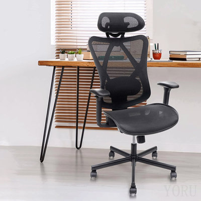 Mesh Office Chair, Ergonomic Office Chairs With Wheels, Adjustable Lumbar Support, Armrest, Headrest-Tilt High Back Desk Chair With Mute Wheel For Off