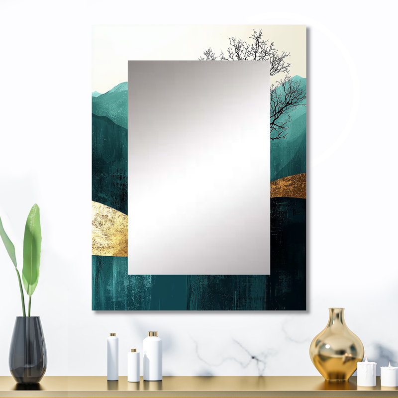 Quiet Bold Tree In Emerald Gold Harmony - Mountains Unique Wall Mirror, Traditional Mirror, Printed Metal Art, 32" x 24"