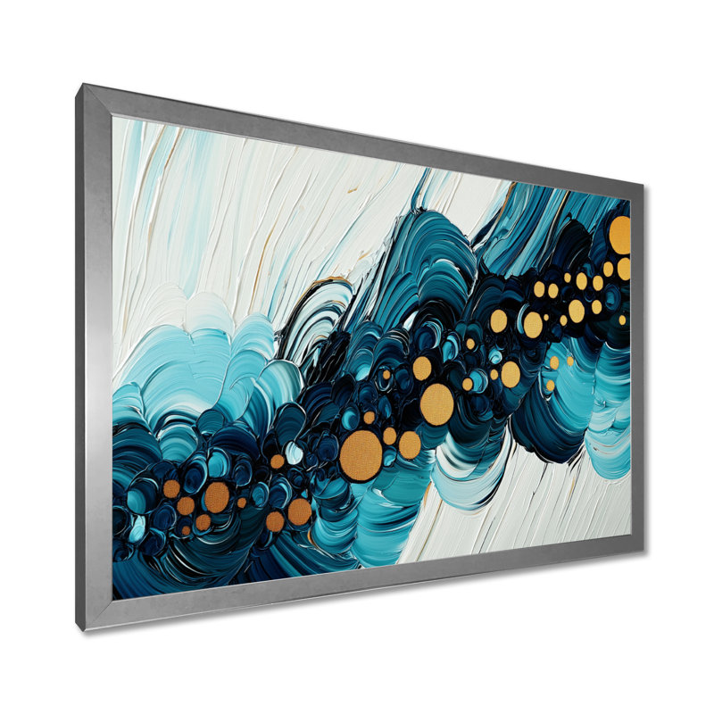 Abstrait impulsion turquoise de l'océan VI - art mural abstrait grand, H 12 po x l 20 po, Cadre simple, Argent argent