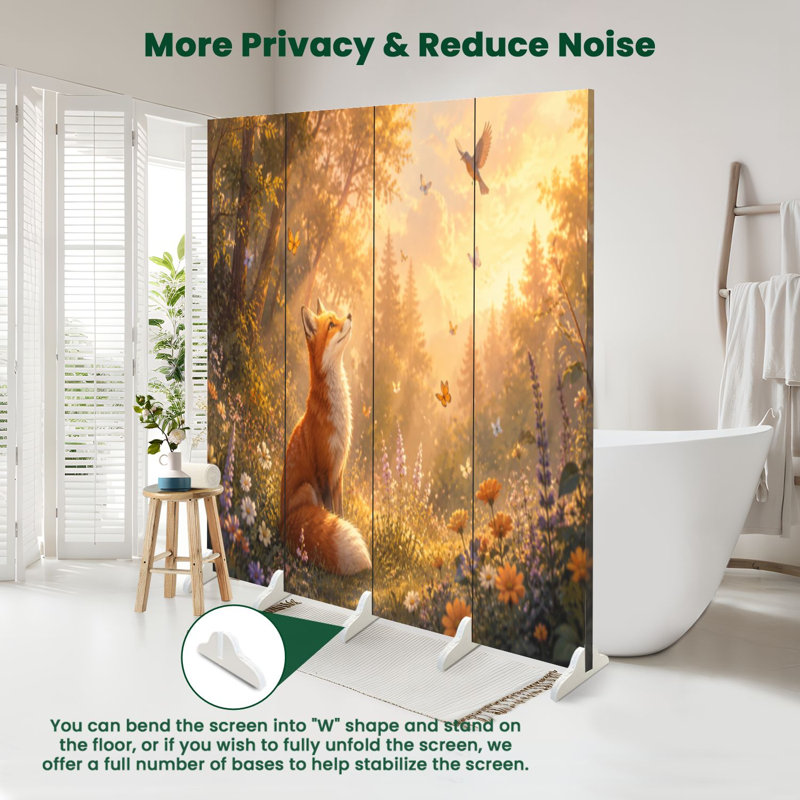 Cloison pliante 4 panneaux paravent Royal fantaisiste, forêt de papillons, oiseau au milieu d'un écran de toile pastel doux, séparateur de protection autoportant, cloison d'intimité