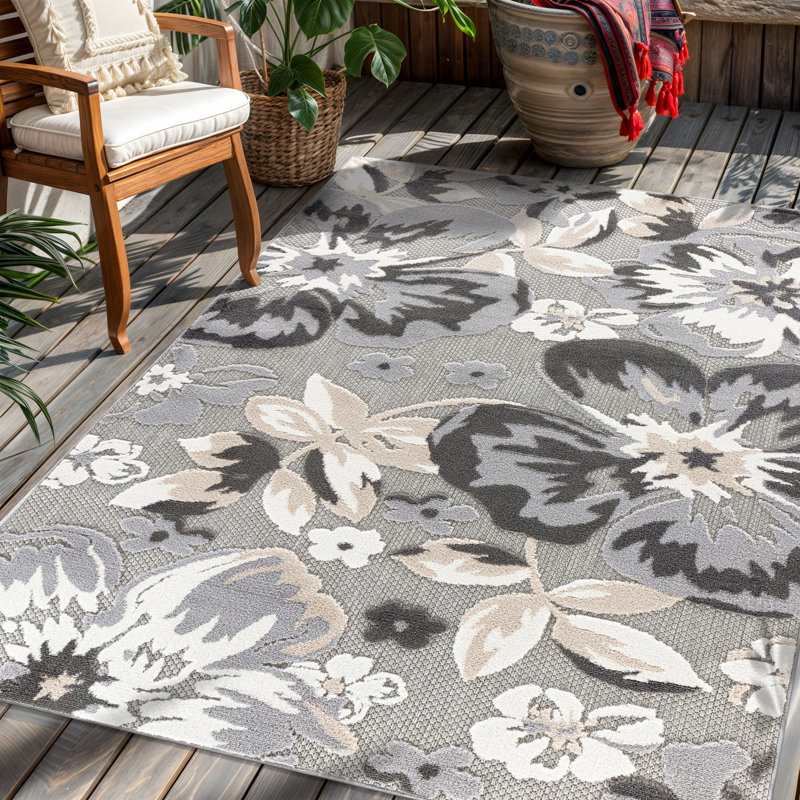 Tapis floral intérieur / extérieur gris, Rectangle 4pi x 6 pi