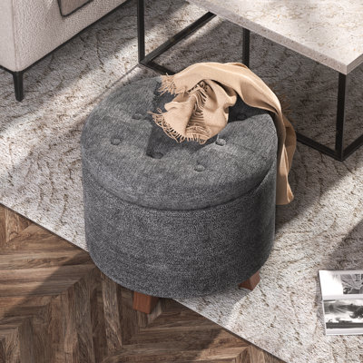 Upholstered Storage Ottoman Bench, Tufted Ottoman Footrest Round Footstool Foot Rest for Living Room