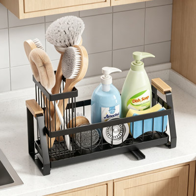 Sink Caddy Organizer with Wooden Handle and Self-Draining Tray, Trapezoid Kitchen Sponge Holder with Non-Slip Suction Cups, Multi-Compartment Organizer for Sponge, Brush, and Soap Dispenser for Sink and Bathroom Countertop, Black