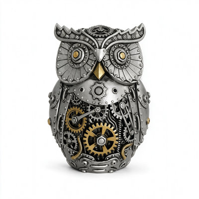 Steampunk Owl Statue Resin Decor, Mechanical Owl Figurine with Gears and Vintage Metal Finish, Desk Shelf Collectible, 6.7 Inch