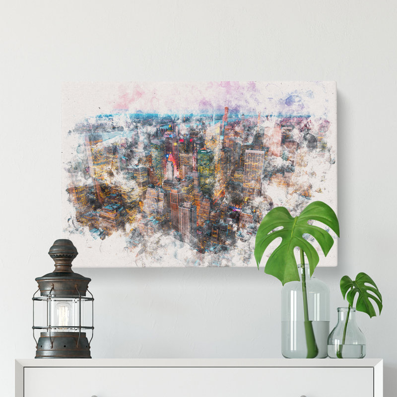 New York View Watercolour - Wrapped Canvas, 40cm H x 60cm W x 3cm D