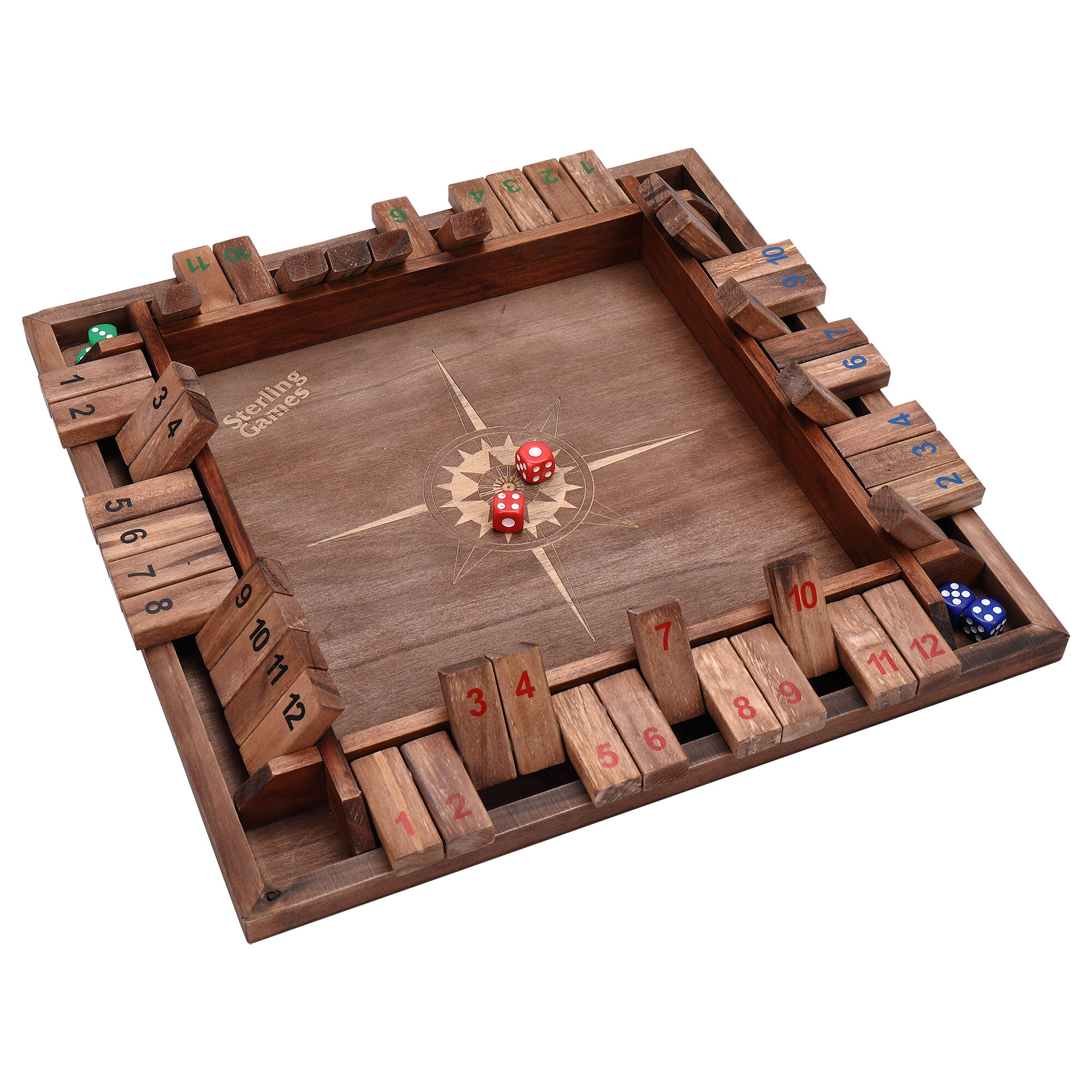 We Games 4 Player Shut The Box Dice Game - 14 inches Walnut Wood (Brown) –  1 to 4 Players 