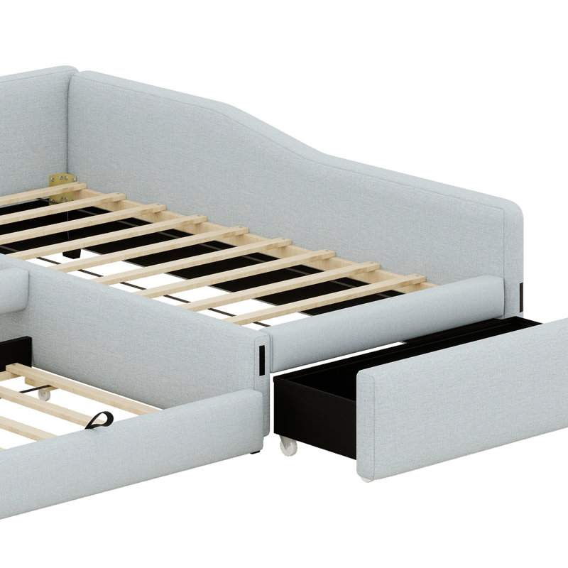 Upholstered Double Daybed With Trundle And Drawer, Beige