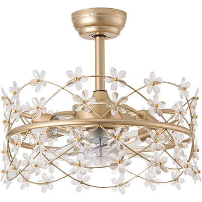 20 Inch Gold Caged Ceiling Fan With Flower Chandelier, Lights & Remote Control For Living Room, Bedroom