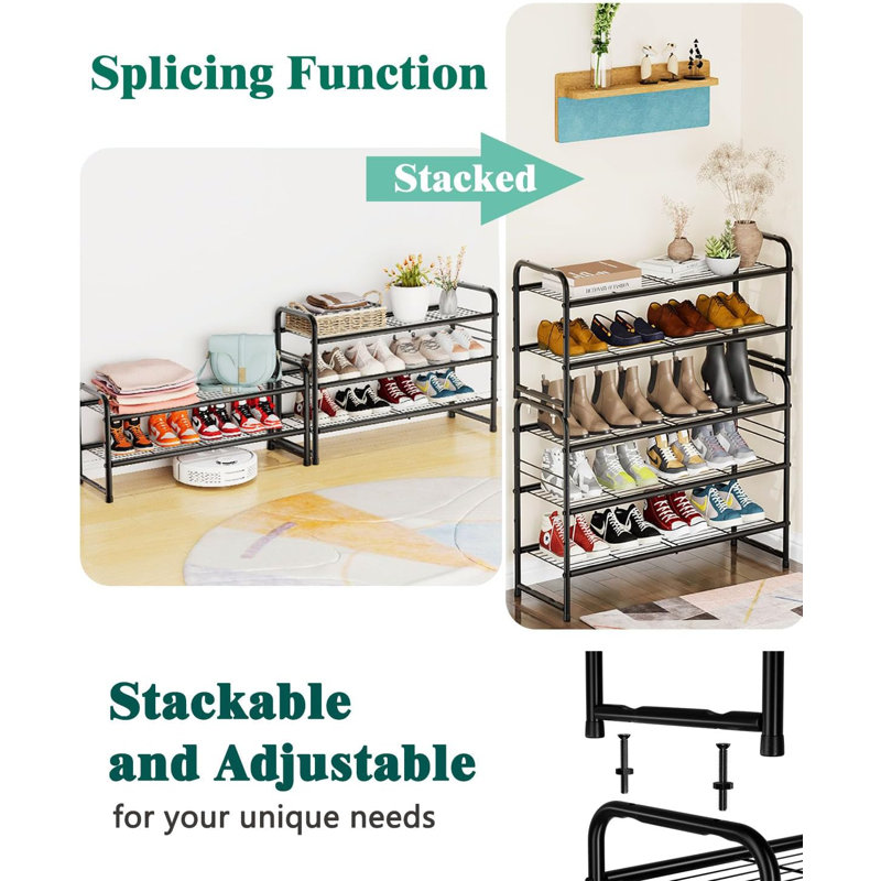 32'' Wide 2-Tier Wire Grid Shoe Rack for Closet, Stackable and Adjustable Shoe Shelf, Black