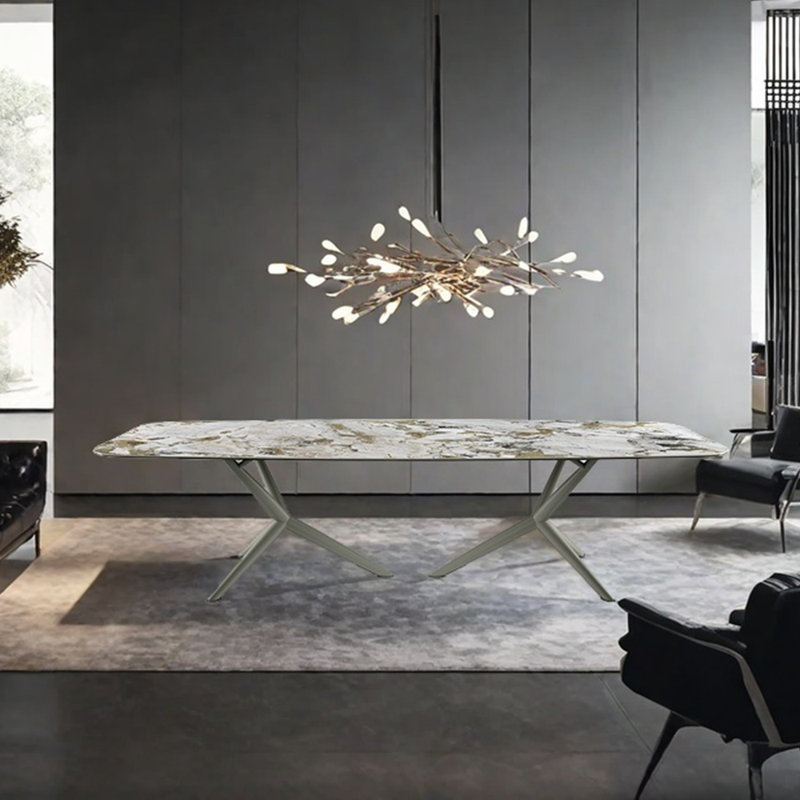 Table de salle à manger en acier au carbone fritté, H 29,53 po x L 78,74 po x l 39,37 po, Blanc, Argent