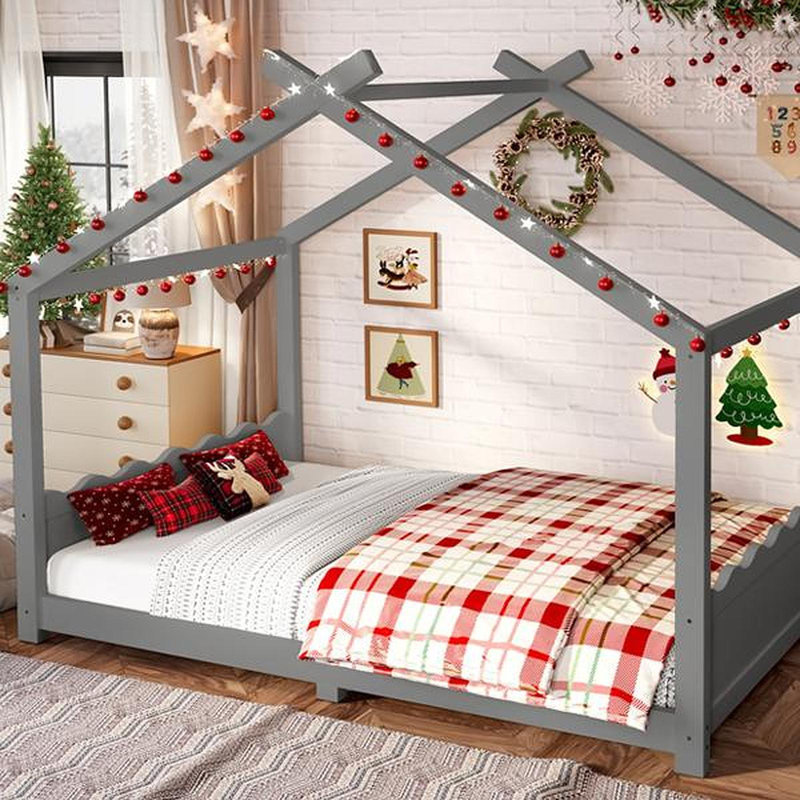 Full House Floor Bed With Support Slats, Solid Wood House Bed Frame For Kids, No Box Spring Needed And Opening Constructure, Gray